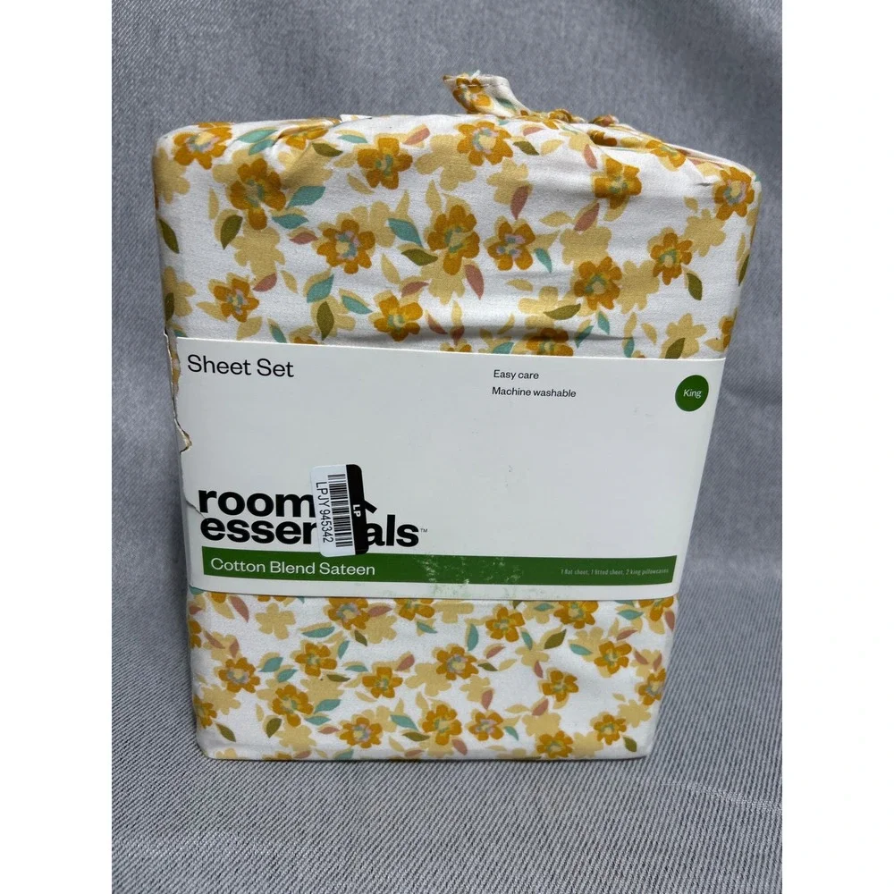 Room Essentials King Floral Sheet Set Yellow Cotton Blend Sateen 4pc New
